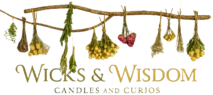 Wicks and wisdom candles and curios horizontal natural logo