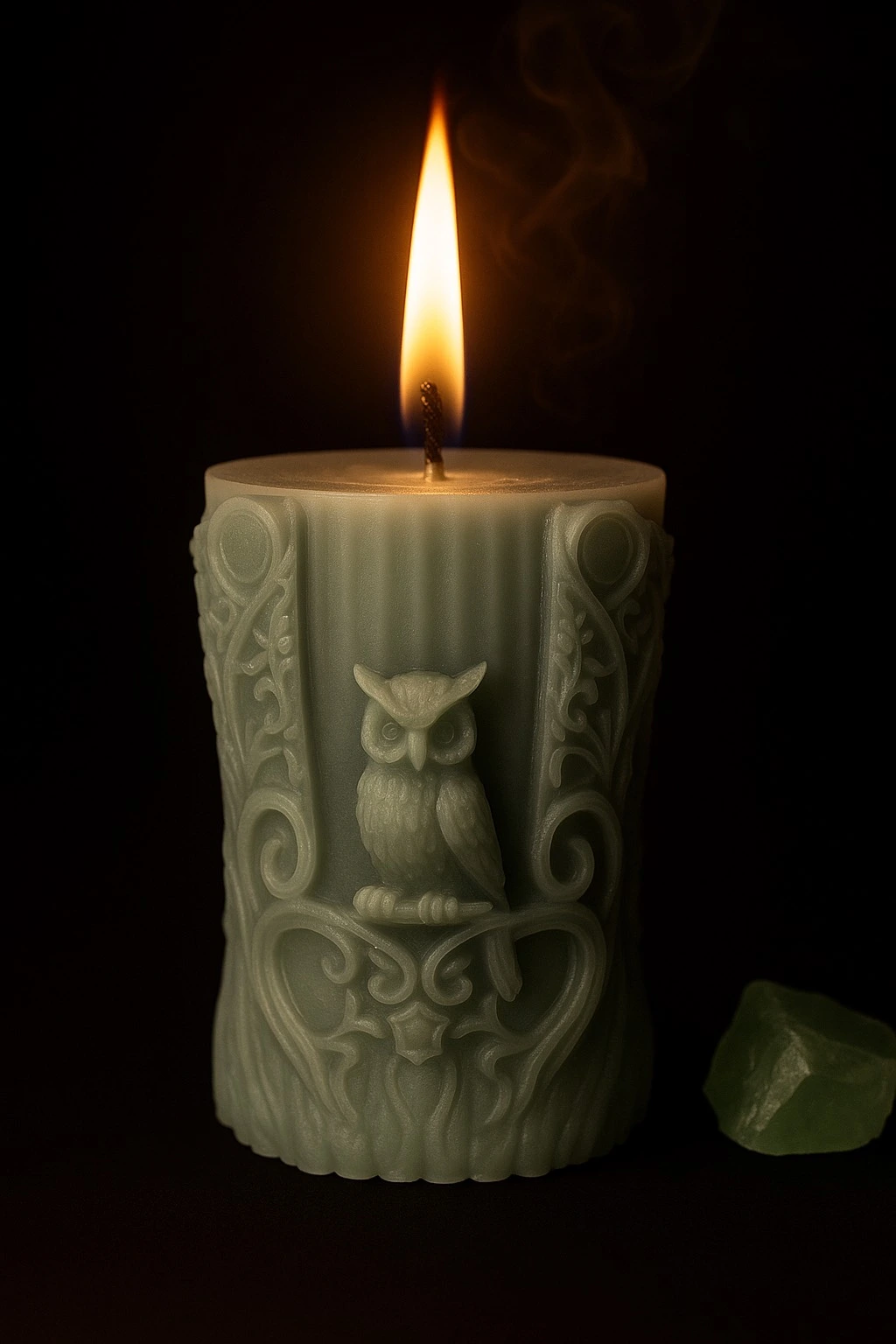 The Grove Keeper and Owl candle by Heather from Wicks and Wisdom candle back shows owl close-up