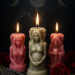 Maiden mother crone candle by heather from wicks and wisdom shows all three sides of the deity