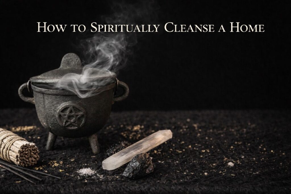 how to spiritually cleanse a home - image shows crystal and smoking cauldron