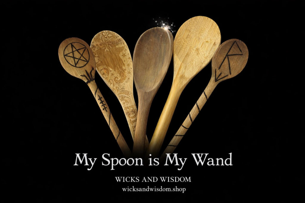 a kitchen spoon as a wand for kitchen witches with five wooden spoons shown in pic