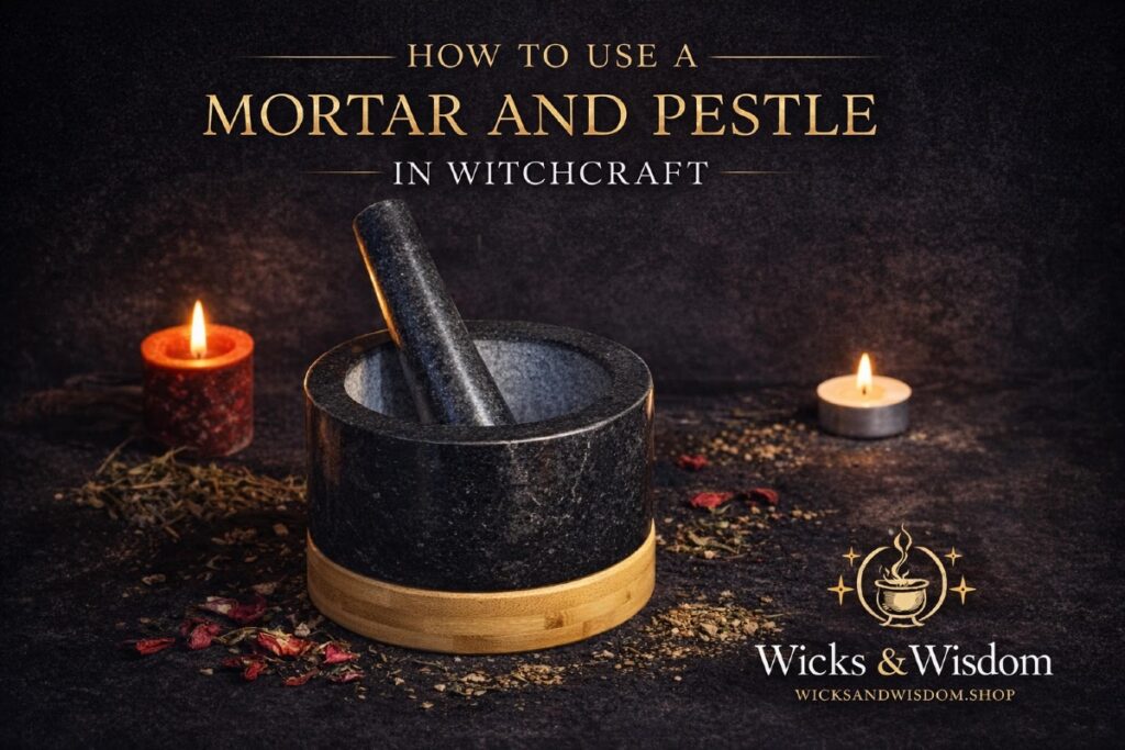 Witchcraft mortar and pestle pic as blog from wicks and wisdom